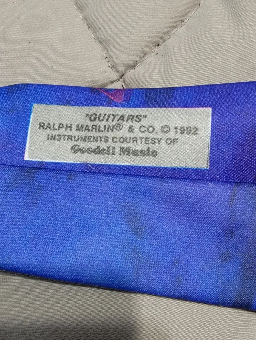 Vintage 1990s Ralph Marlin Blue & Purple Electric Guitar Print Necktie